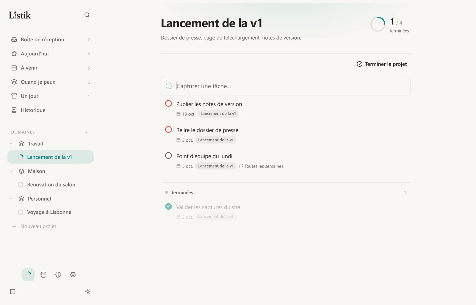 Une page projet dans Listik