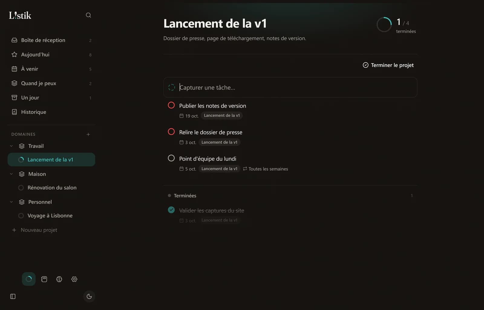 Une page projet dans Listik